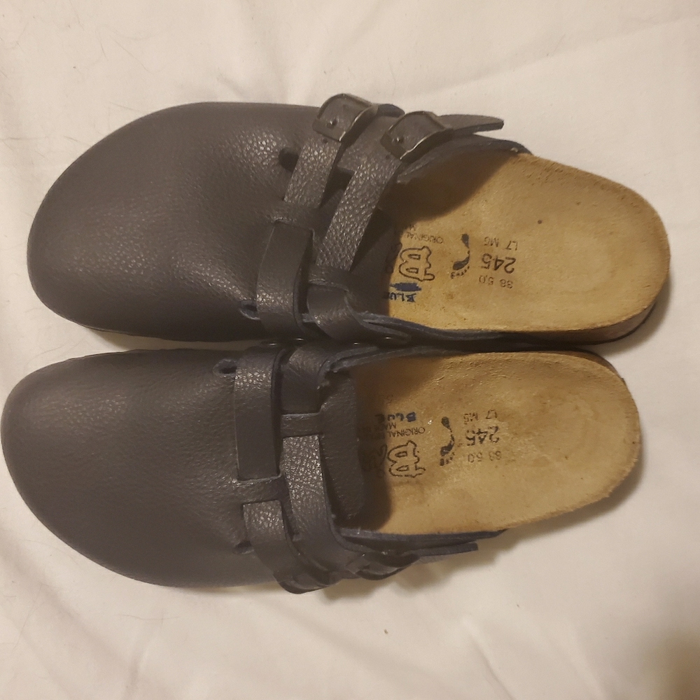 Navy blue Birkenstock clogs